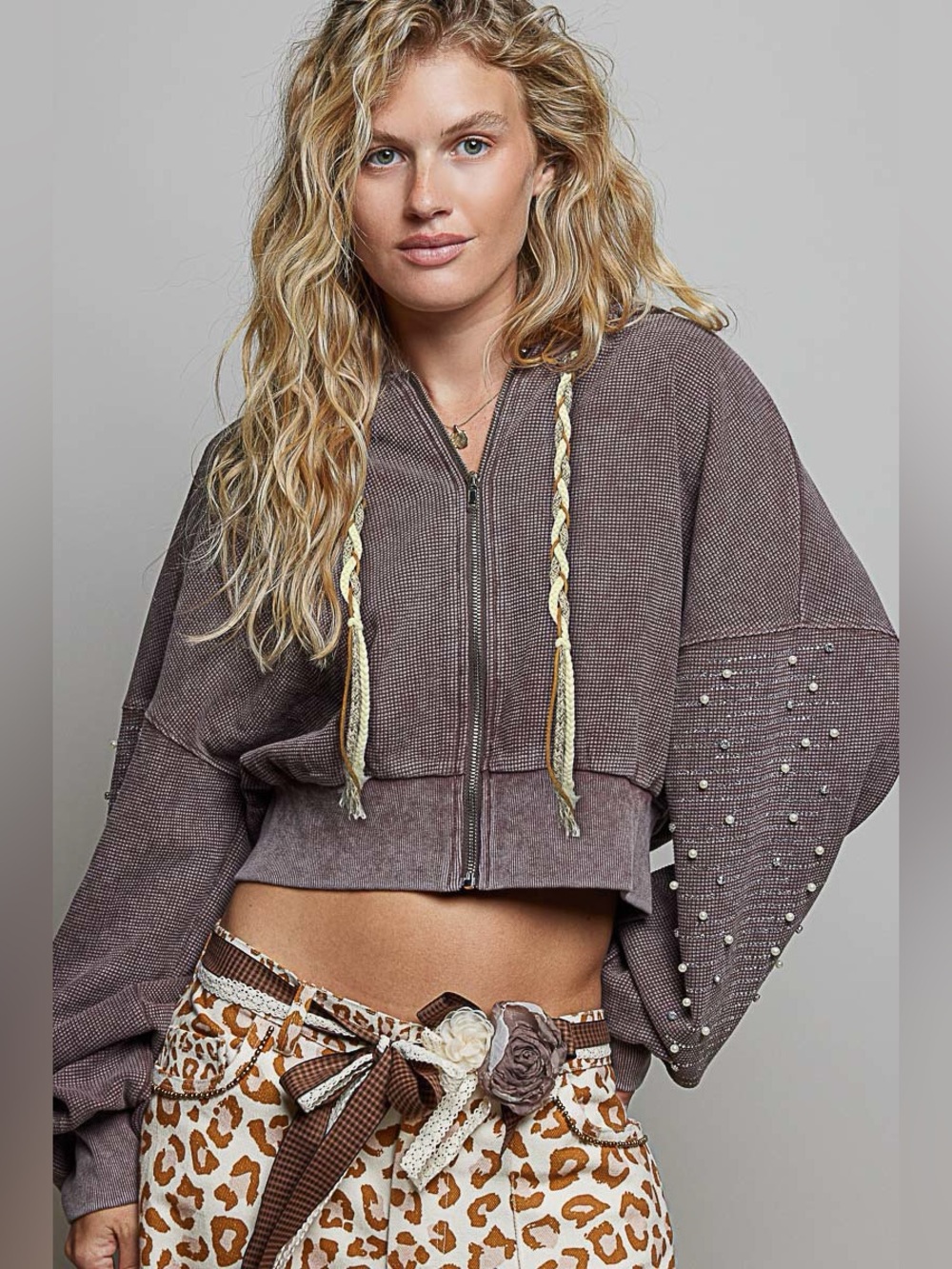 POL “Spellbound” Pearl Rhinestone Thermal Zip Hoodie 100% Cotton | Coffee Bean